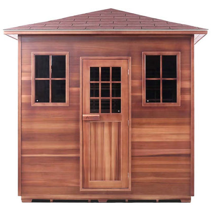 Cedarwood outdoor sauna with glass door and windows, featuring a slanted shingle roof.