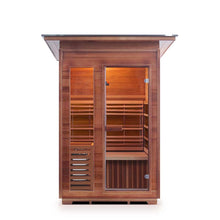 Two-person infrared sauna with cedar wood interior and glass door.