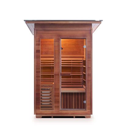 Two-person infrared sauna with cedar wood interior and glass door.