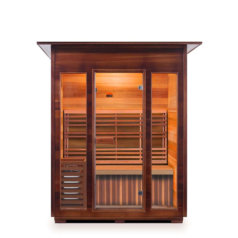 Luxury infrared sauna with glass doors and cedar wood finish, ideal for relaxation and wellness.