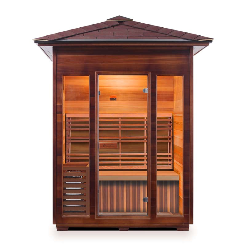 Outdoor infrared sauna with cedar wood and glass door design.