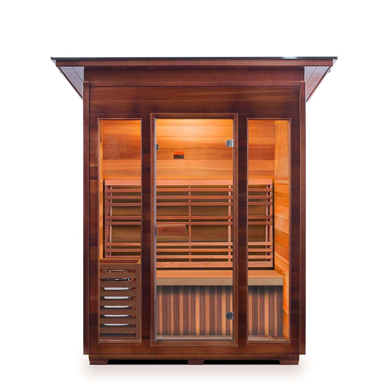 Cedar infrared sauna with glass doors and interior lighting for home relaxation.
