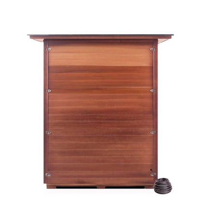 Cedar outdoor sauna with sleek vertical panels and modern design.