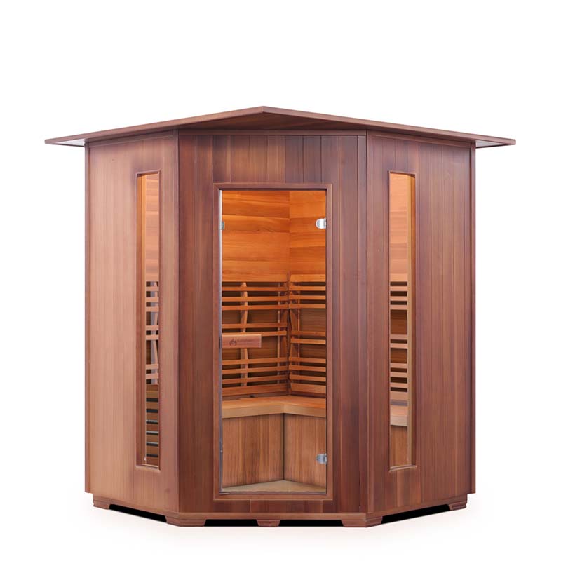 Cedar infrared sauna with glass door and vertical windows.