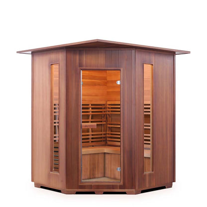 Cedar infrared sauna with glass door and vertical windows.
