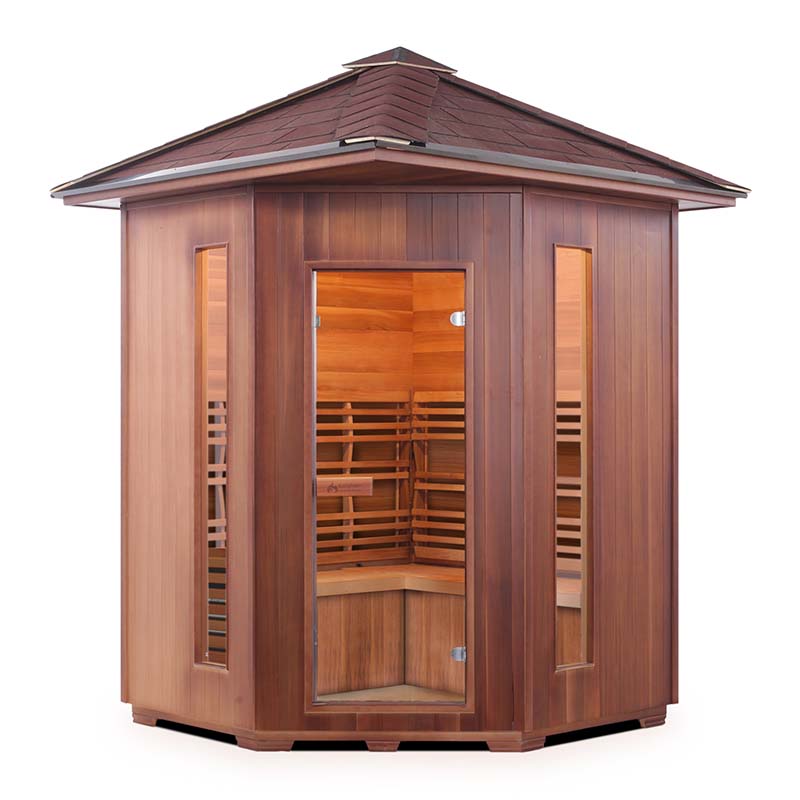 Hexagonal outdoor sauna with wood paneling and glass door.