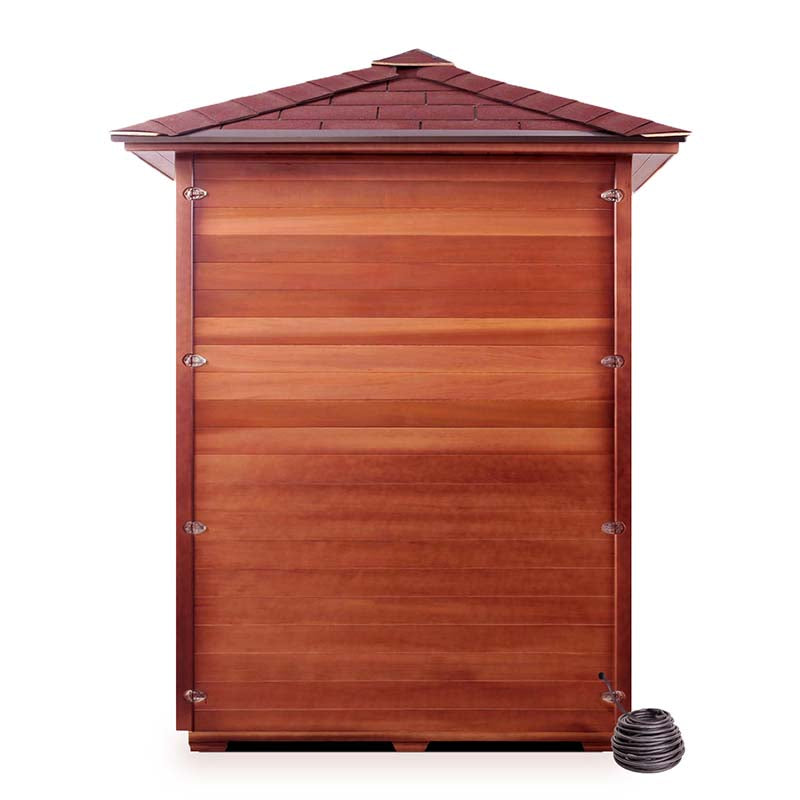 Wooden sauna with a slanted roof and a brown finish, featuring a compact design.
