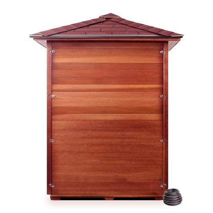 Wooden sauna with a slanted roof and a brown finish, featuring a compact design.