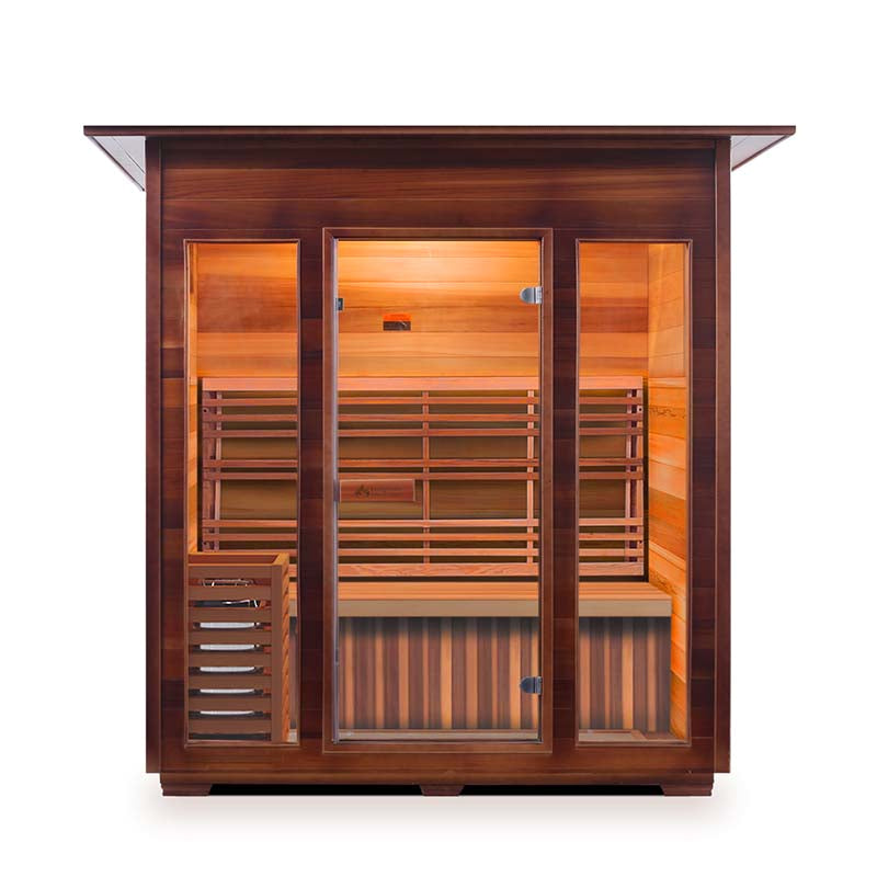 3-person wooden infrared sauna with glass doors and warm lighting.