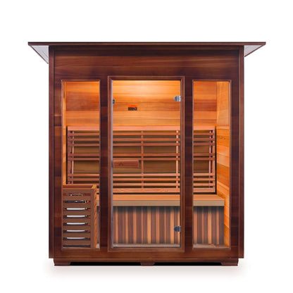 3-person wooden infrared sauna with glass doors and warm lighting.
