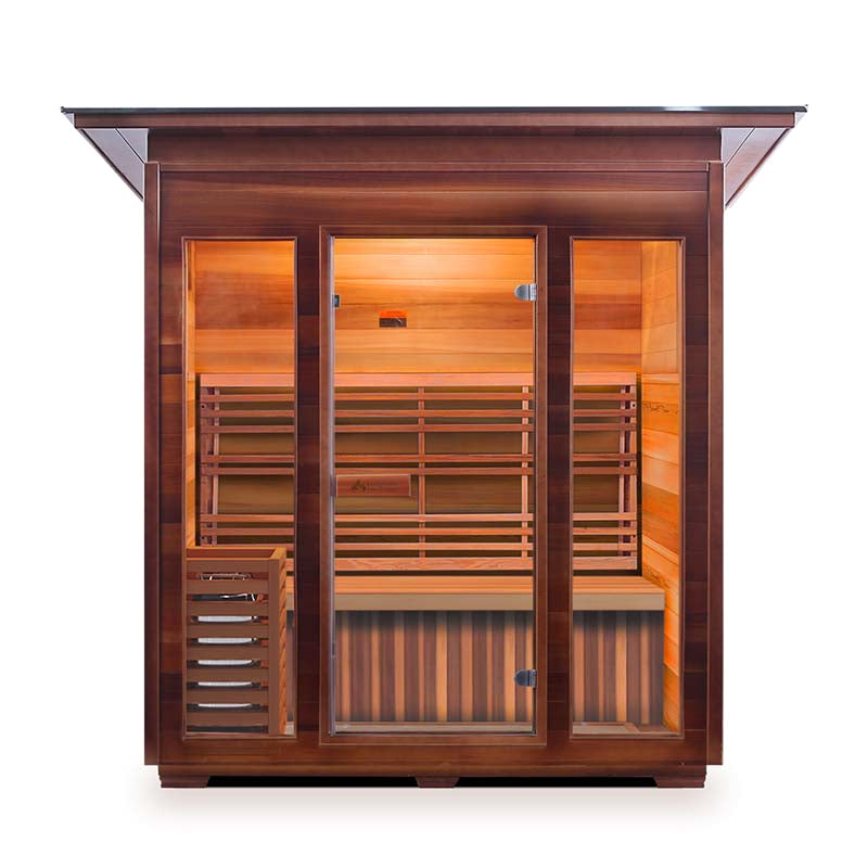 Cedar infrared sauna with glass doors and warm lighting for home relaxation.