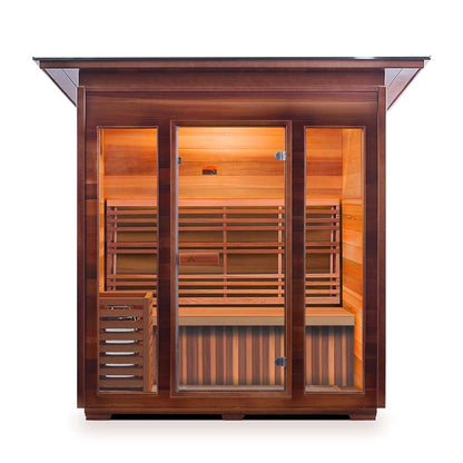 Cedar infrared sauna with glass doors and warm lighting for home relaxation.