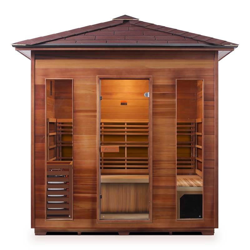 Outdoor cedar infrared sauna with glass door and spacious interior.