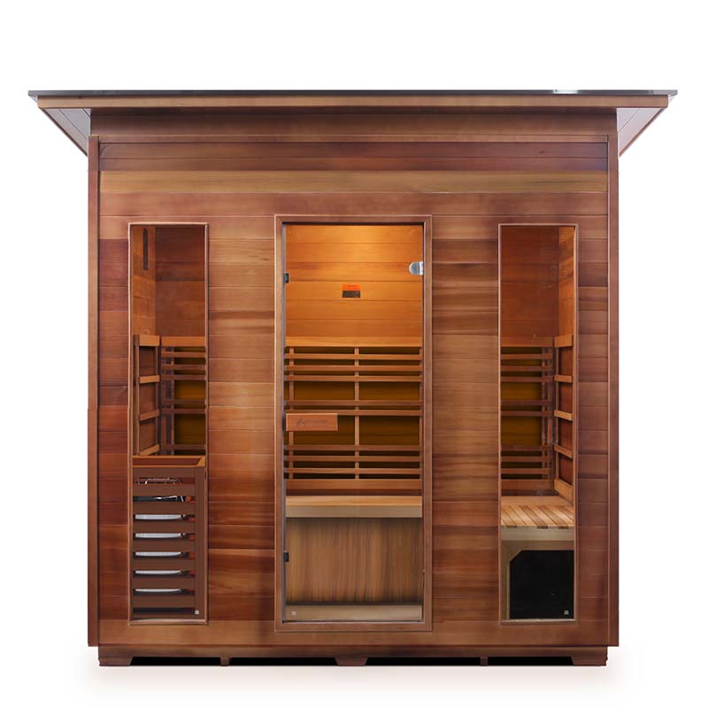 Cedar infrared sauna cabin with glass door and interior seating.