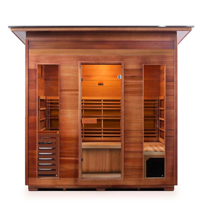 Cedar infrared sauna cabin with glass door and interior seating.