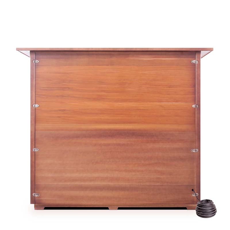Wooden sauna cabin with a sleek design and small black stove, ideal for home relaxation.