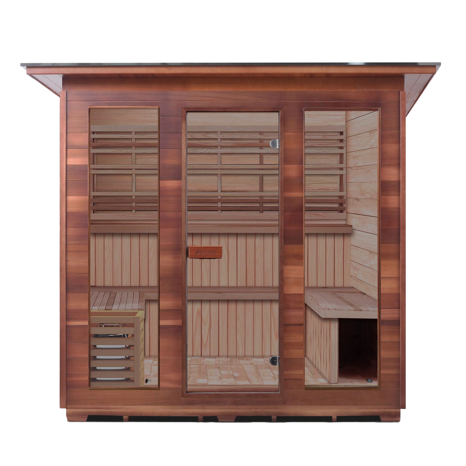 Cedar infrared sauna with glass doors and wooden benches.