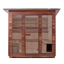 Cedar infrared sauna with glass doors and wooden benches.