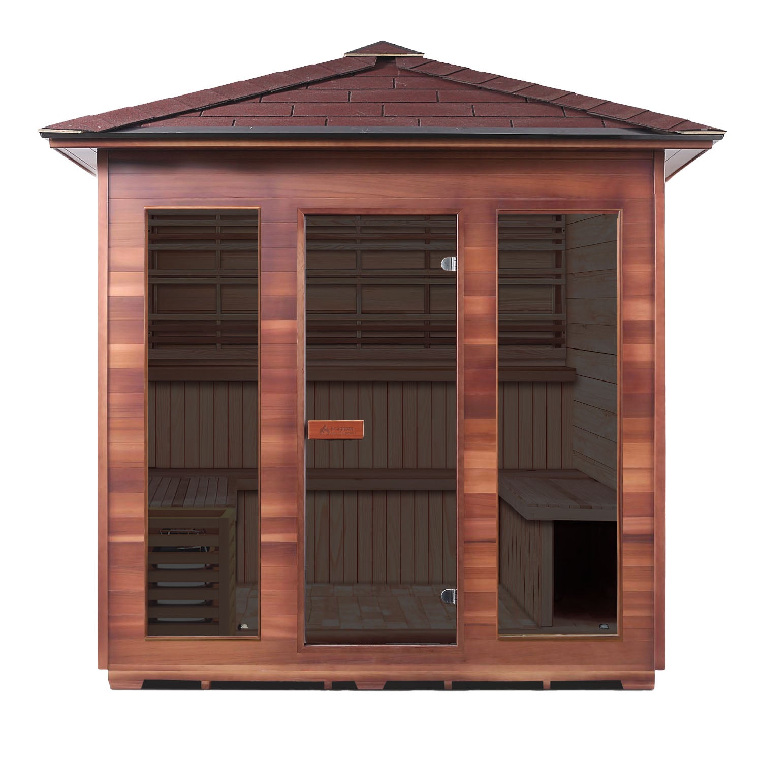 Outdoor cedar sauna with glass doors and a sloped roof for relaxation.