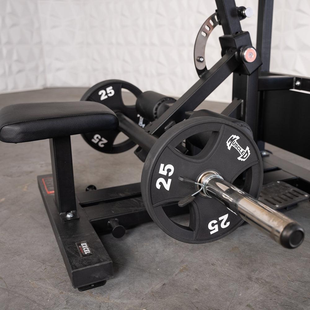Back-extension bench loaded with 25-lb plates and barbell.