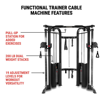 XMARK Functional Trainer Cable Machine with 200 lb Weight Stacks and Adjustable Weight Bench