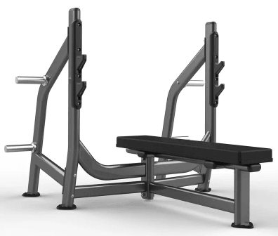 Grey weight bench with barbell rack and safety catches.