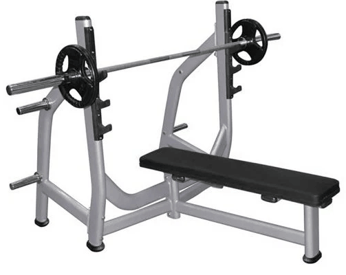 Weight bench with barbell on rack and plates.