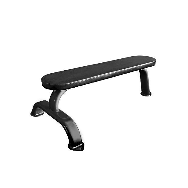 Flat workout bench with black padding and curved metal legs.