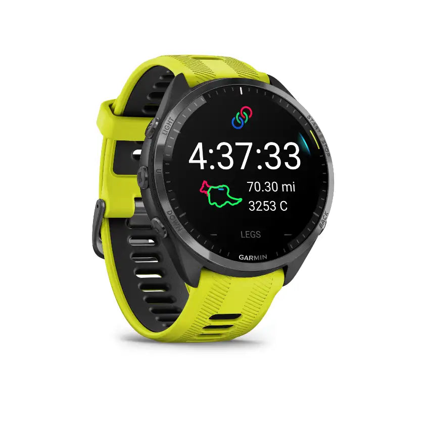 Forerunner 965 Carbon Gray – wrist-style angled shot of AMOLED screen