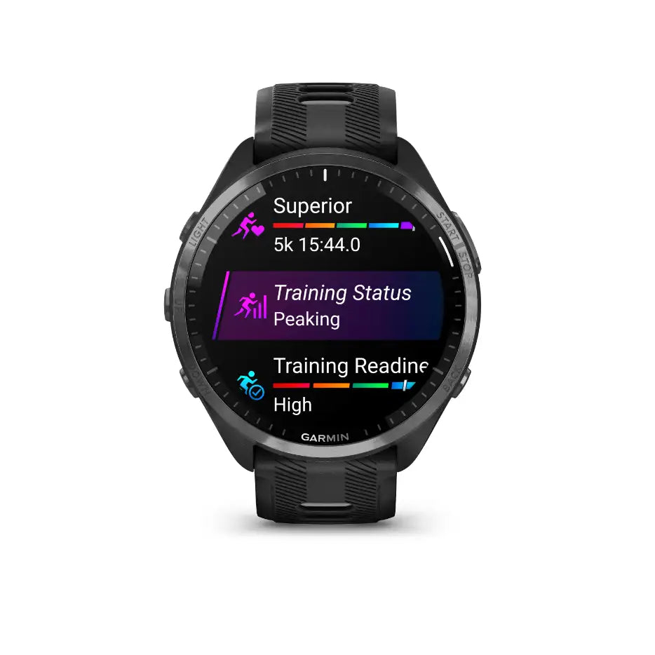 Garmin Forerunner 965 black case – hero front angle of carbon gray bezel