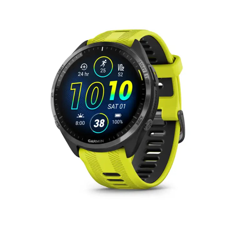 Forerunner 965 Carbon Gray – perspective view of case and band curve