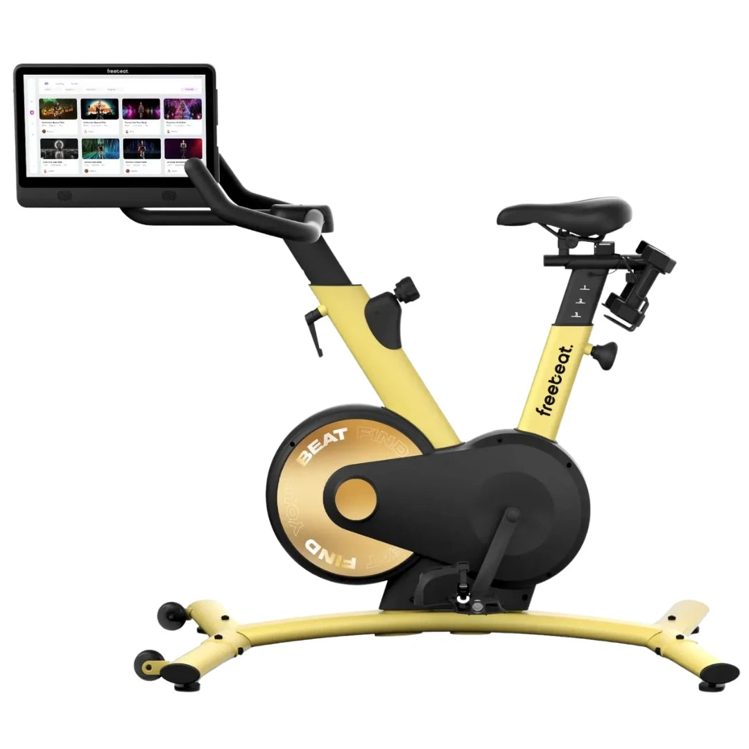 Freebeat Boom Stationary Exercise Bike featuring a sleek design and a digital display for interactive workouts.