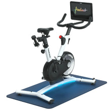 Freebeat Boom Stationary Exercise Bike with adjustable handlebars, a comfortable seat, and a digital display, positioned on a blue mat.