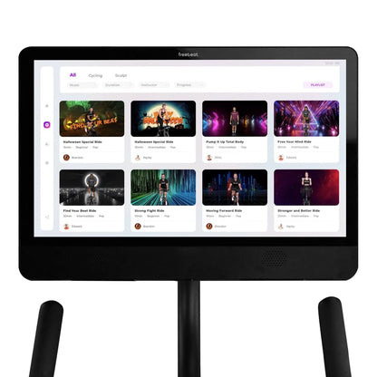Freebeat smart fitness screen displaying various cycling workout classes and playlists for interactive training.