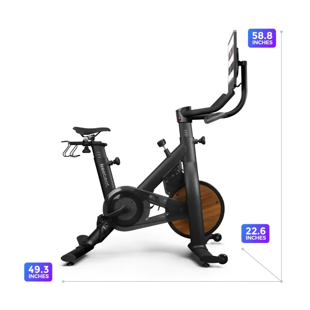 Exercise bike with touchscreen, Freebeat brand, sleek black design with wood accent, dimensions labeled.