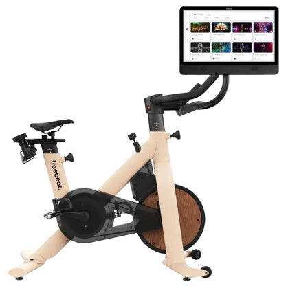 Freebeat Lit Stationary Exercise Bike featuring a sleek design and a digital screen displaying workout options.