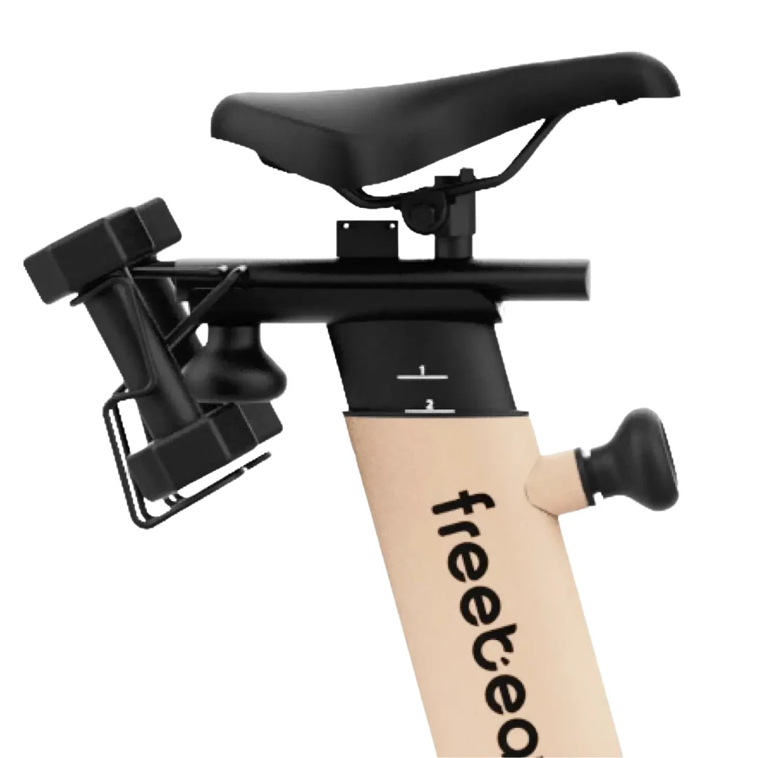 Close-up view of the Freebeat Lit Stationary Exercise Bike, featuring a black seat, adjustable handlebars, and a water bottle holder.
