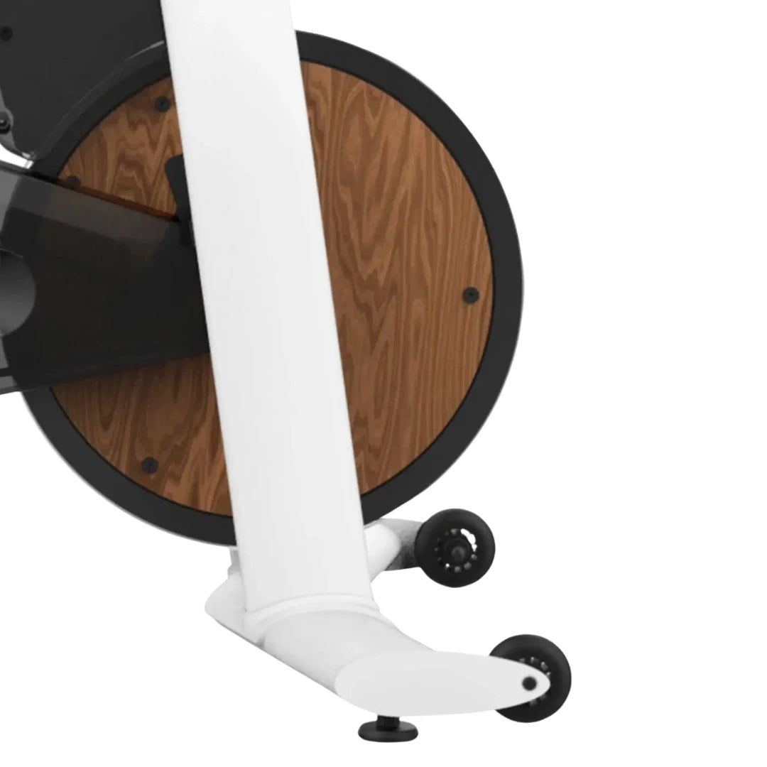 Close-up view of the Freebeat Lit Stationary Exercise Bike featuring a wooden pedal and black accents.