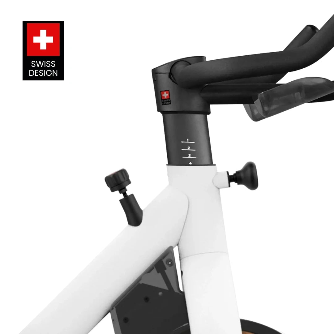 Close-up of the adjustable features of the Freebeat Lit Stationary Exercise Bike, showcasing its sleek design and Swiss design logo.
