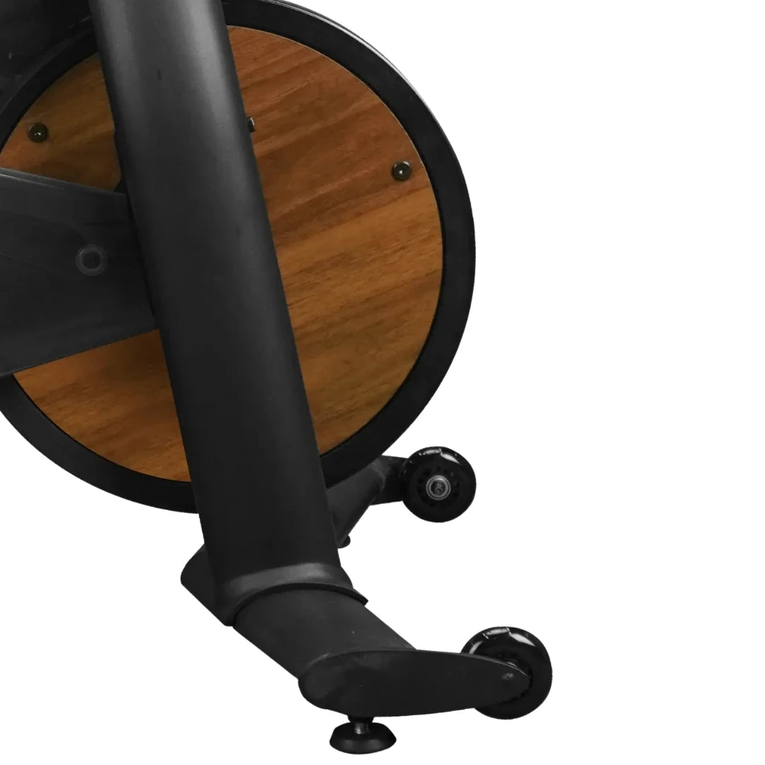 Close-up view of the Freebeat Lit Stationary Exercise Bike, highlighting its sturdy frame and wooden resistance wheel.