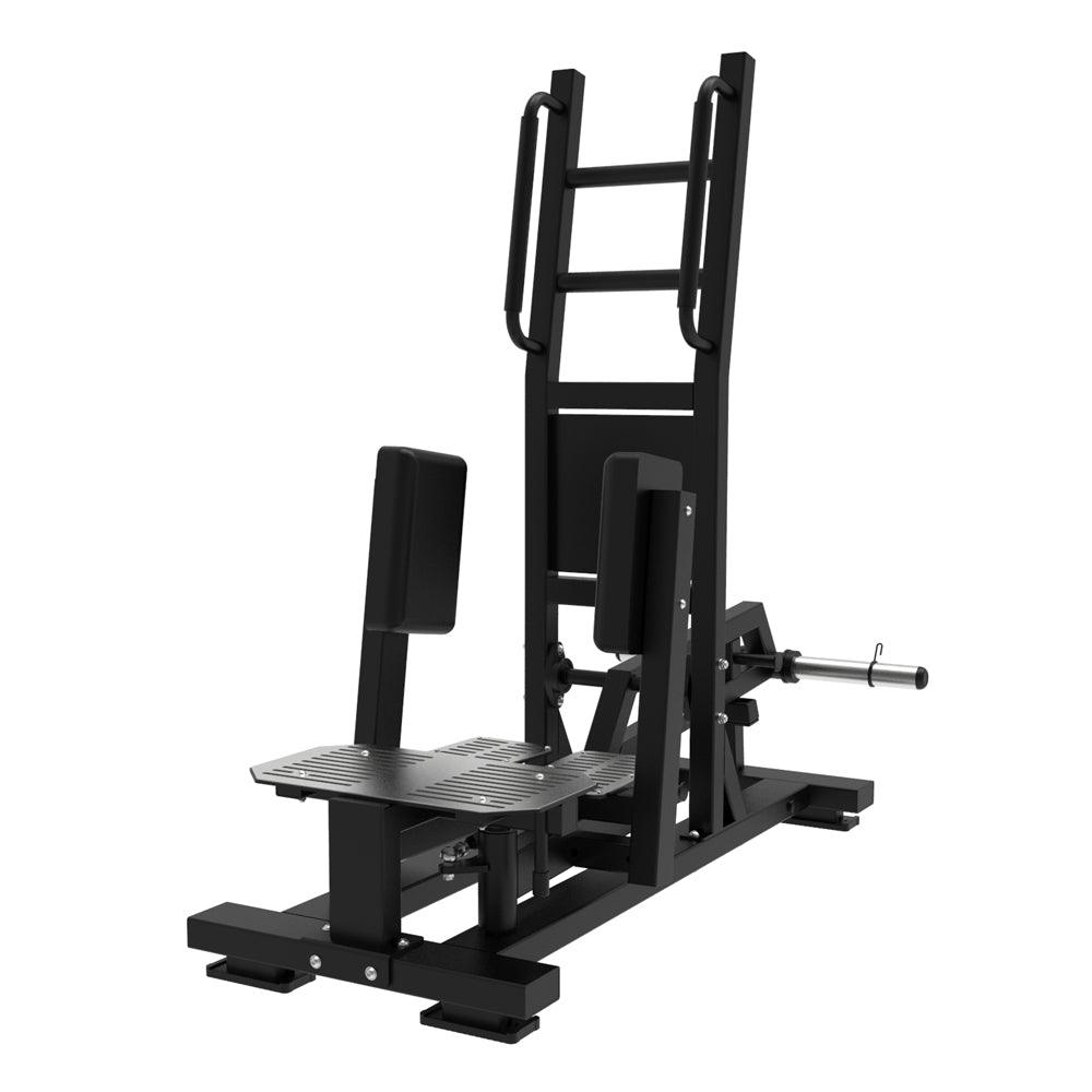 Standing abductor exercise machine with padded leg supports and weight bar.