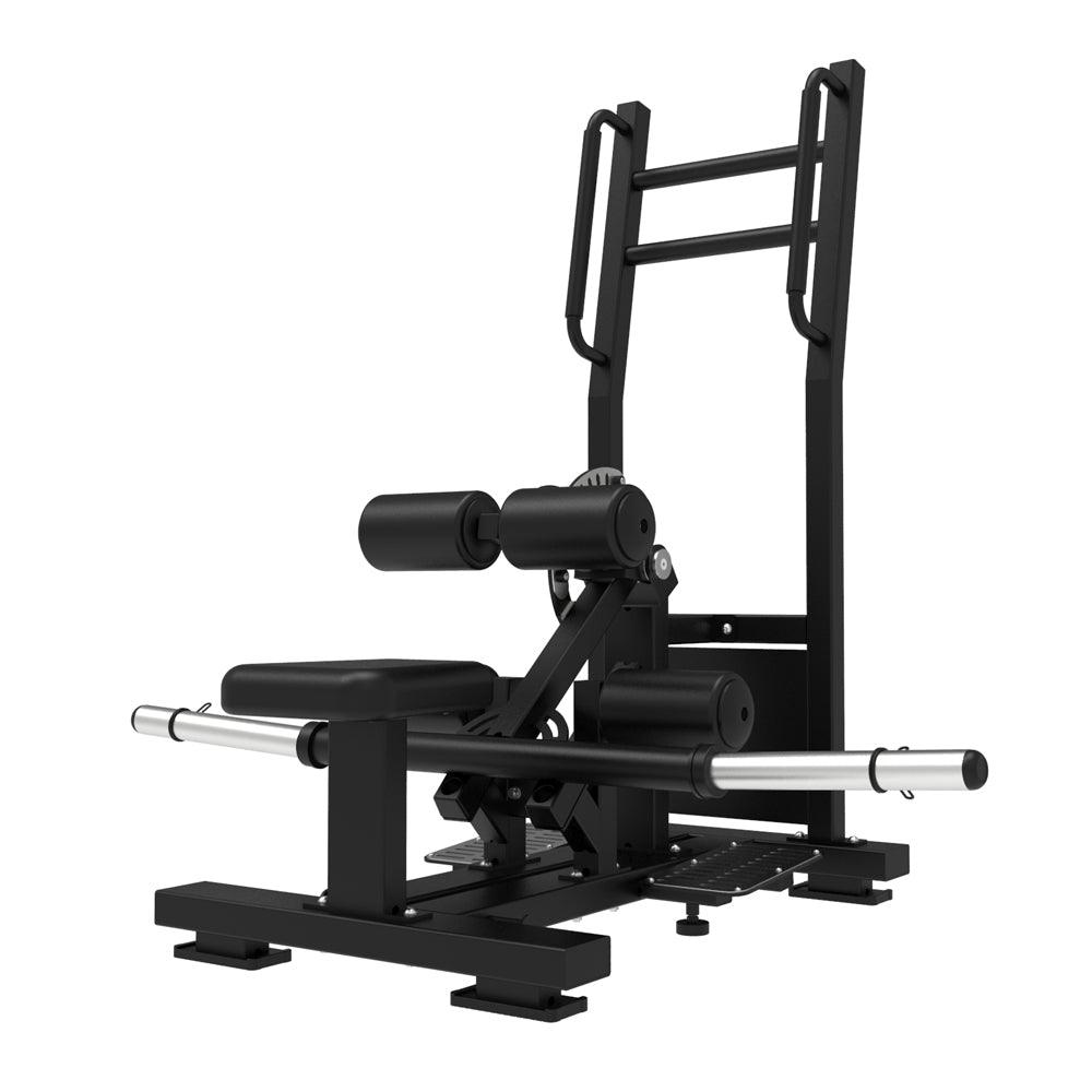 Standing hip thrust machine with barbell and padded bench.