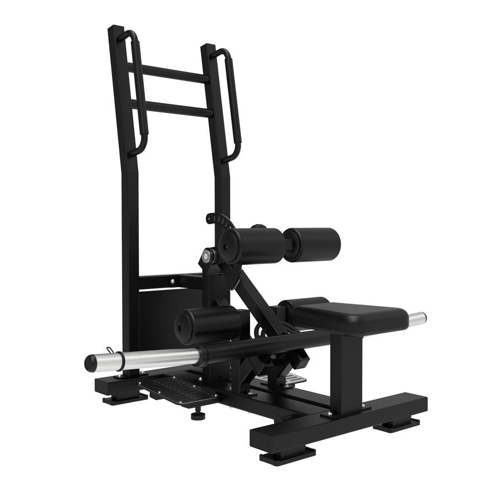 Standing hip thrust machine with leg rollers and bench support.