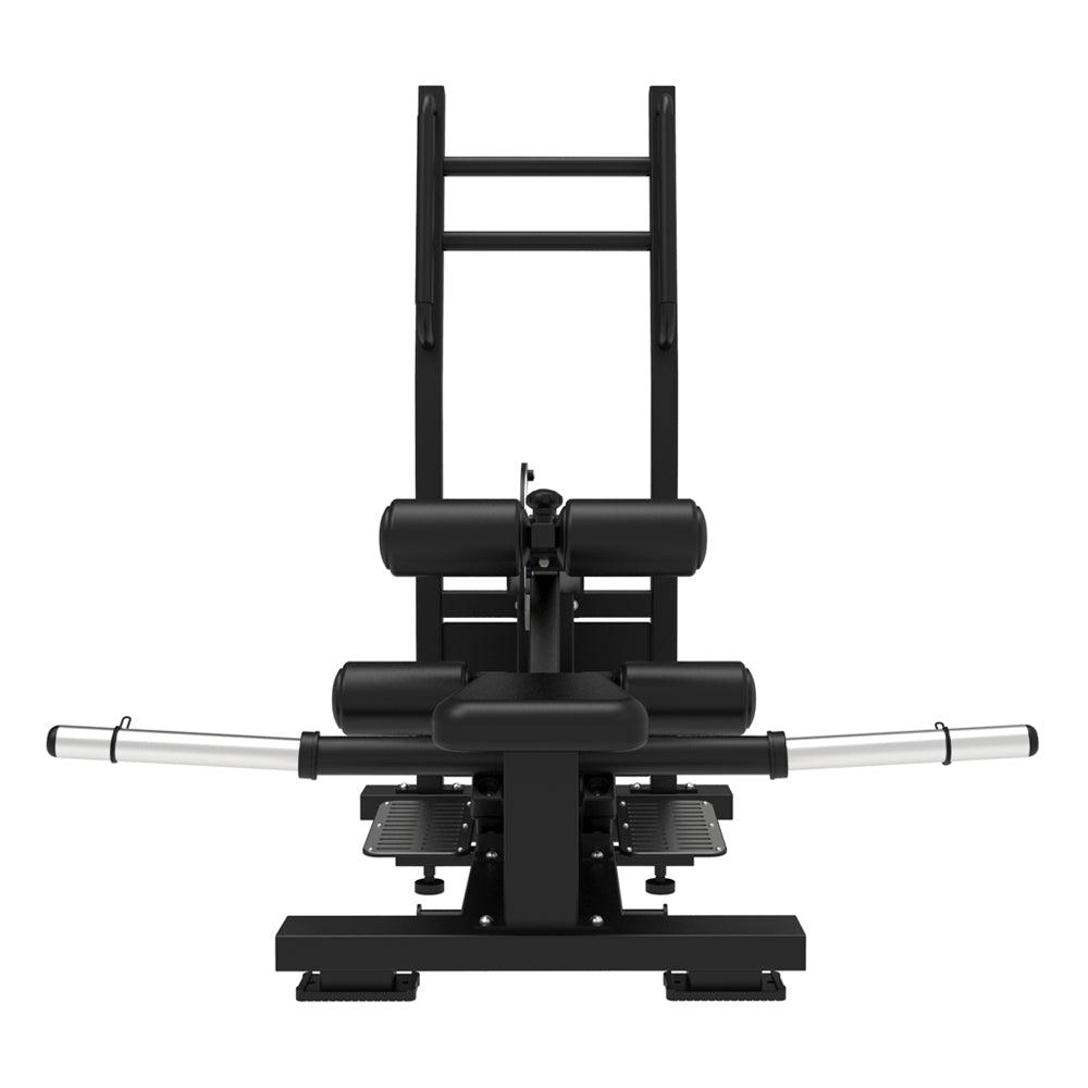 Standing hip thrust machine with padded rollers and bar support.