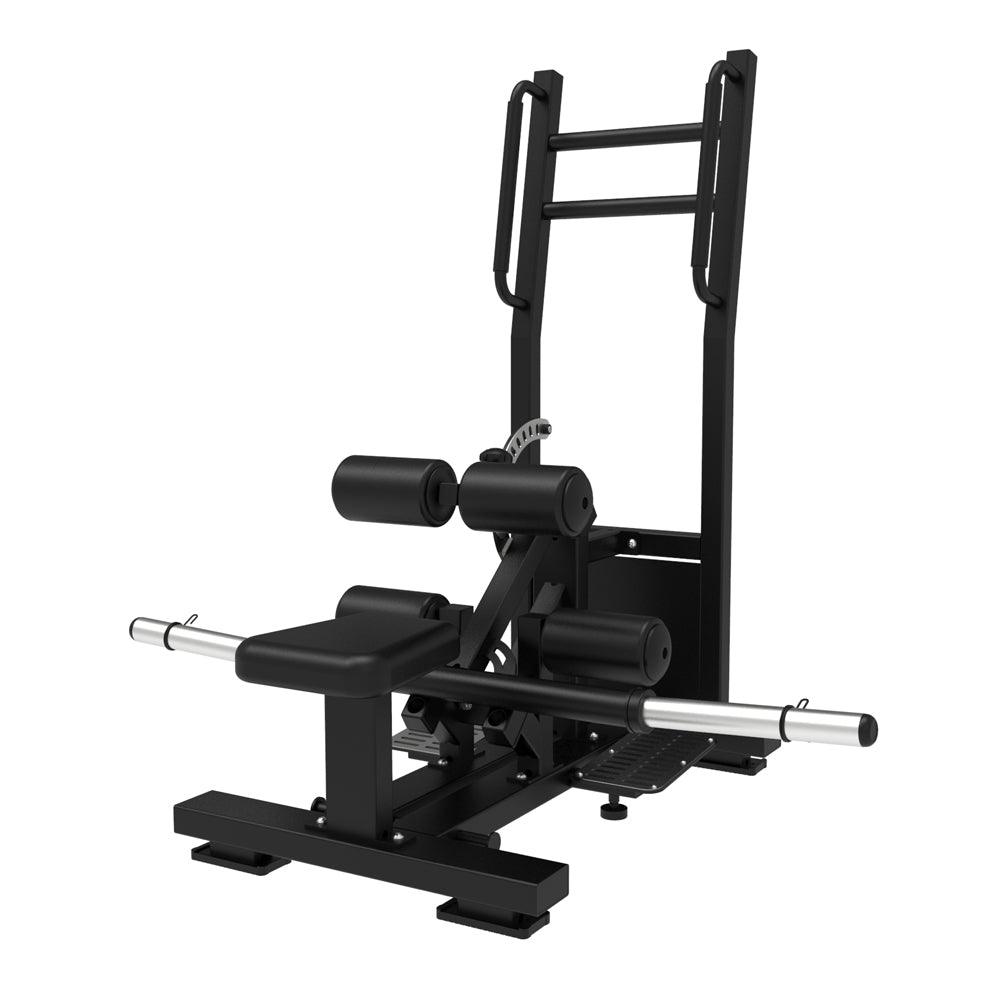 Standing hip thrust bench with barbell and roller pads for glutes.