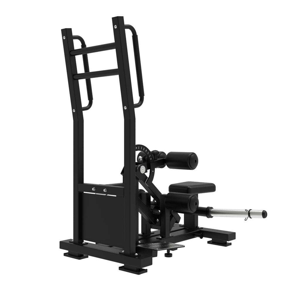 Standing hip thrust machine with leg pad and bar attachment.