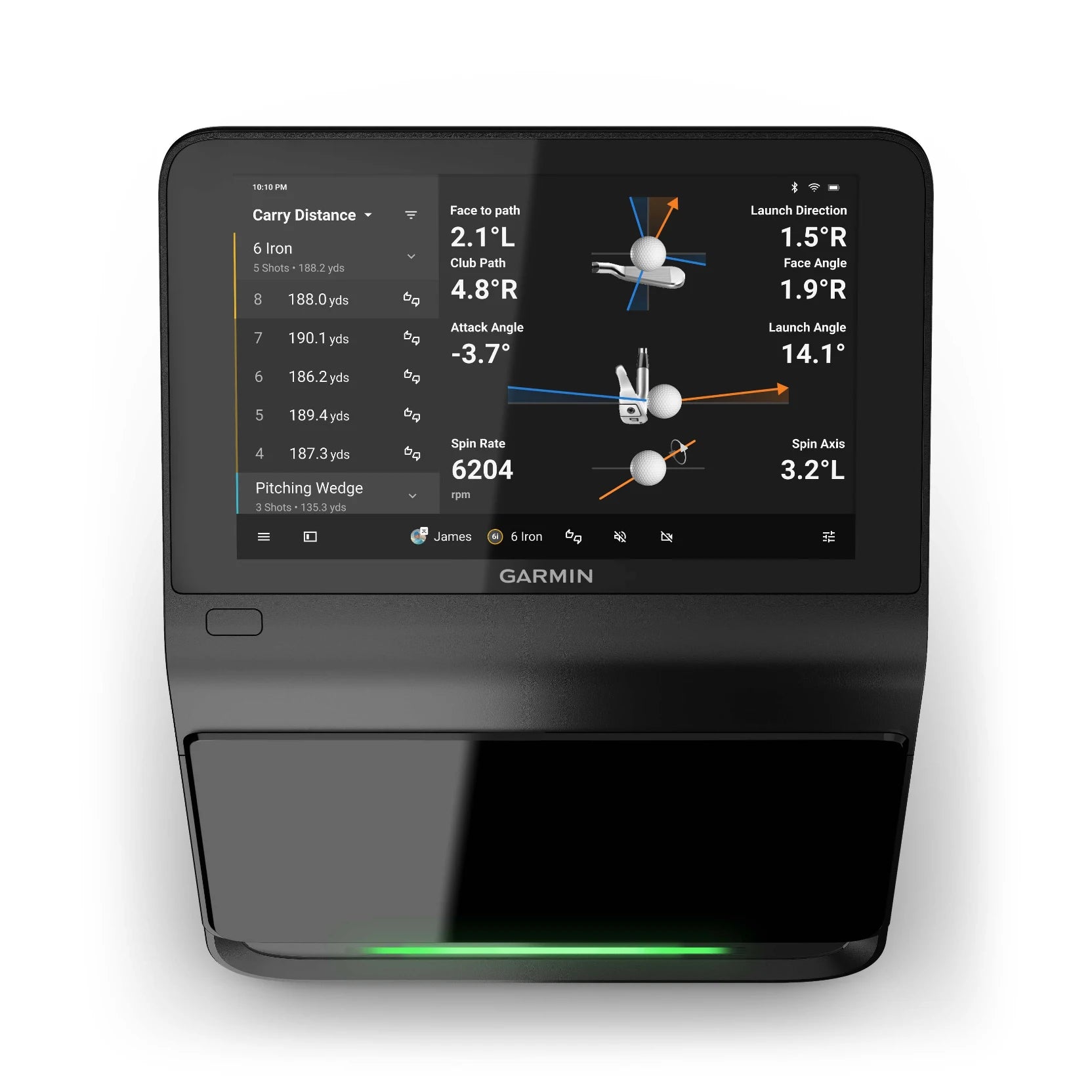 Garmin Approach R50 Premium Golf Launch Monitor & Simulator displaying shot data including carry distance, launch angle, spin rate, and club path metrics.