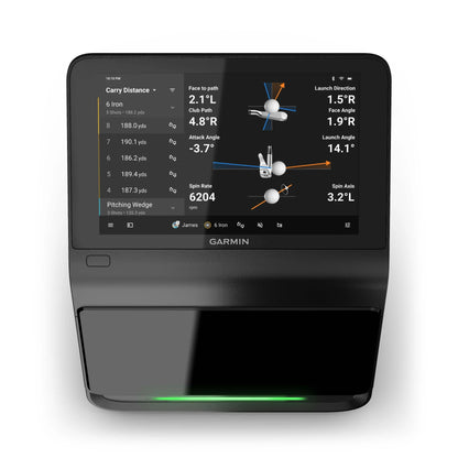 Garmin Approach R50 Premium Golf Launch Monitor & Simulator displaying shot data including carry distance, launch angle, spin rate, and club path metrics.