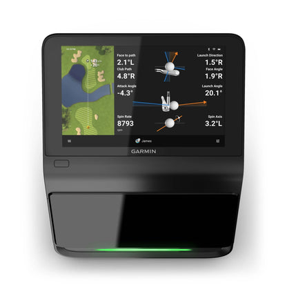 Garmin Approach R50 Premium Golf Launch Monitor & Simulator displaying golf swing metrics including launch angle, spin rate, and club path on a touchscreen interface.