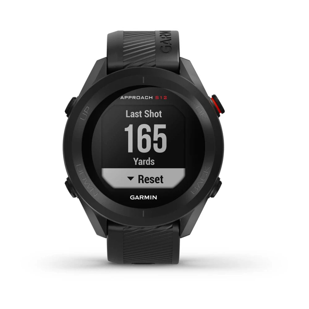 Garmin Approach S12 smartwatch displaying 'Last Shot 165 Yards' on the screen.